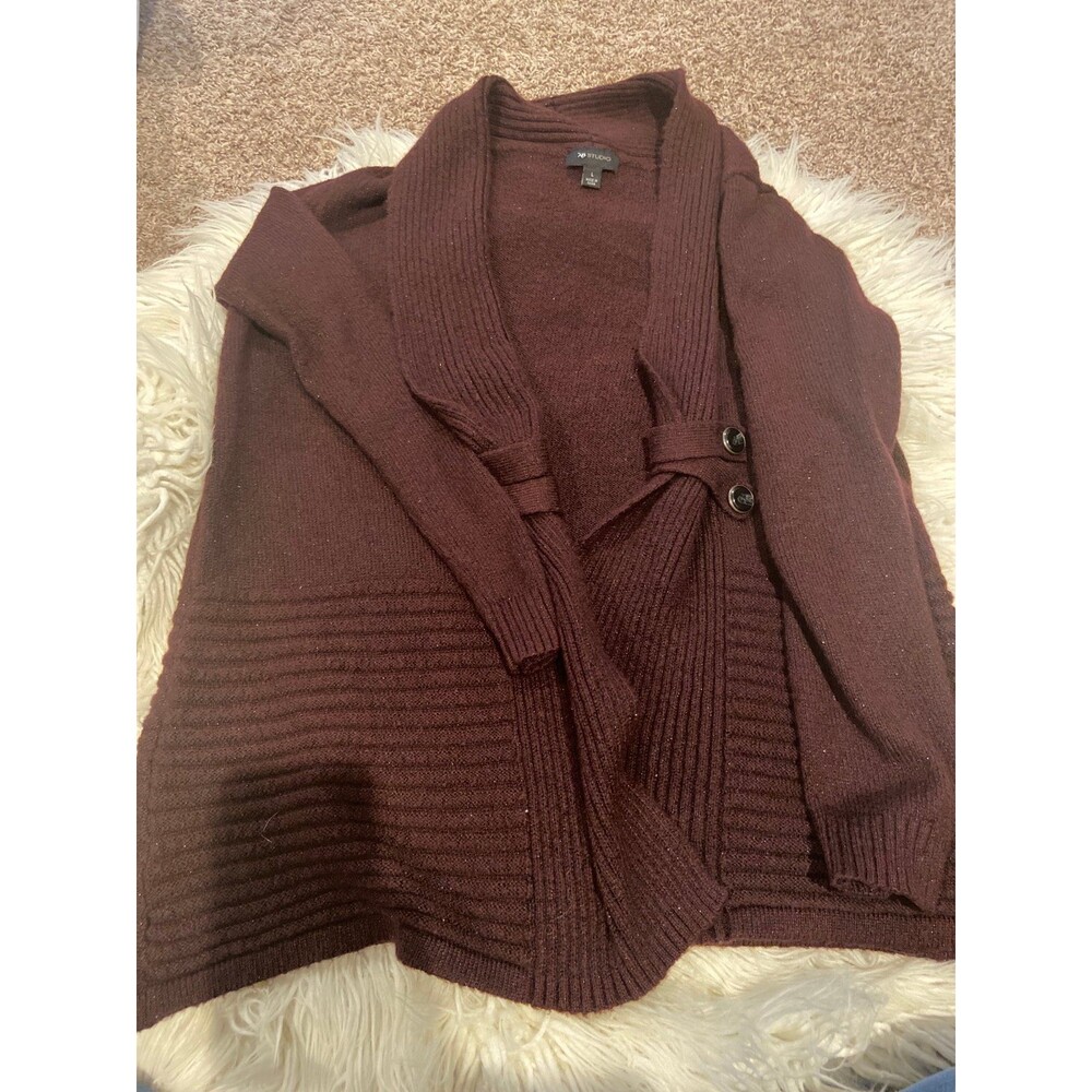 Large AB studio women's open front maroon cardigan with sparkly fabric